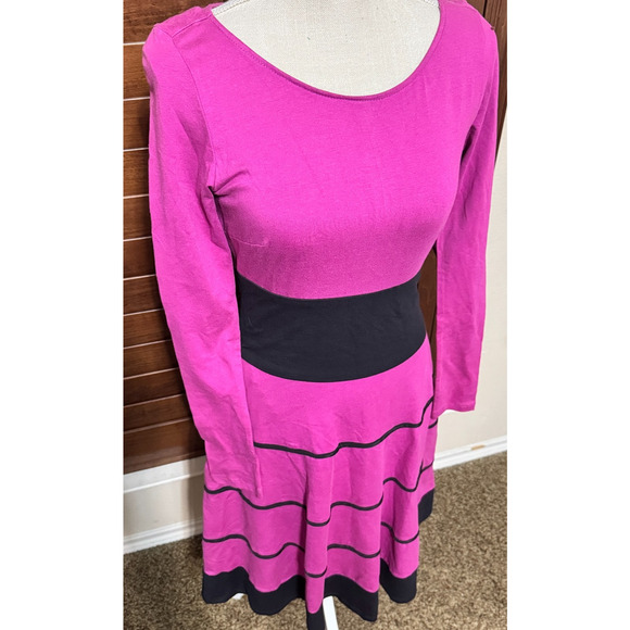 eShakti Fit n Flare Bright Pink Dress Size 0 XS black stripes long sleeve - Picture 2 of 8
